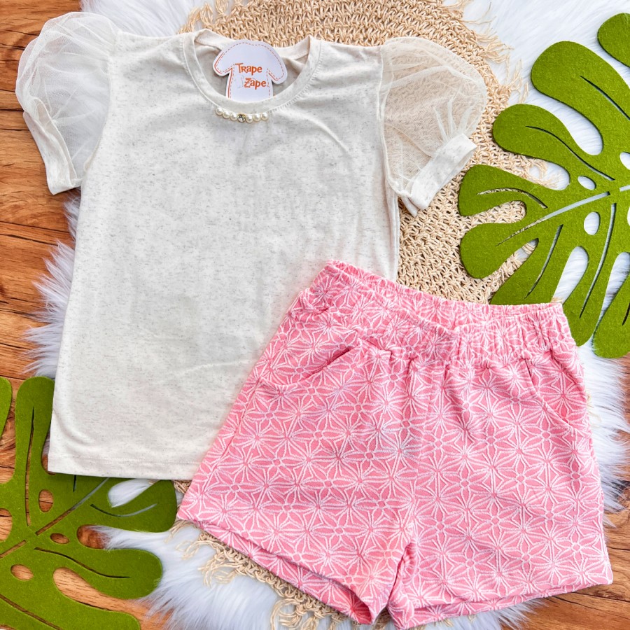 Conj. Blusa com Manga em Tule e Short Flores - Areia